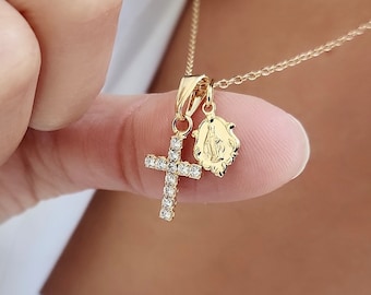 Dainty 18k Gold Filled Virgin Mary Cross Necklace