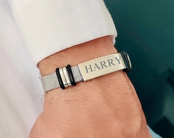 Personalized Stainless Steel Men's Bracelet, Engraved Name Band, Anniversary Gift