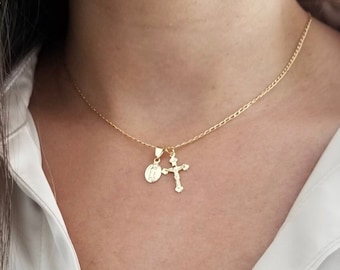 Tiny Virgin Mary With Cross Necklace / Religious Necklace / Gold Necklace with Cross / Catholic / Virgin Mary / Medallion / 18k Gold Filled