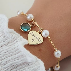 Personalized Name Bracelet, 14k Gold Plated Heart Charm, Mother's Jewelry