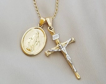 Gold Crucifix Necklace, Mary Gold Necklace, Faith Necklace, Religious Jewelry