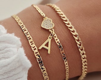 18k Gold Filled Initial Armband Set: Zierliche Schichtkette
