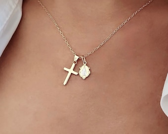 Dainty Gold Filled Virgin Mary Cross Necklace: Religious Jewelry