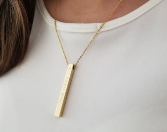 14K Gold Bar Necklace, Personalized Bar Necklace  Custom Name Bar Necklace 14k Gold Engravable Vertical Bar Necklace