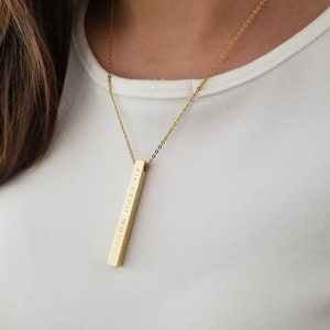 14K Gold Bar Necklace, Personalized Bar Necklace  Custom Name Bar Necklace 14k Gold Engravable Vertical Bar Necklace