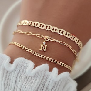 18k Gold Filled Initial Bracelet Set: Dainty Layering Chain Bracelets