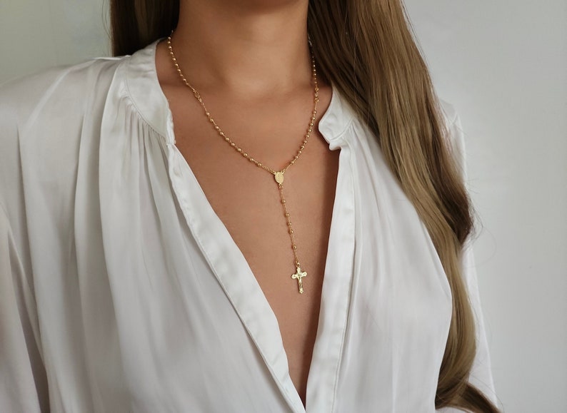 Cross Rosary Necklace / 18k Gold Rosary Bead Necklace / Rosary Bead Necklace / Cross Necklace / Virgin Mary Necklace / Virgin Mary Medallion image 5