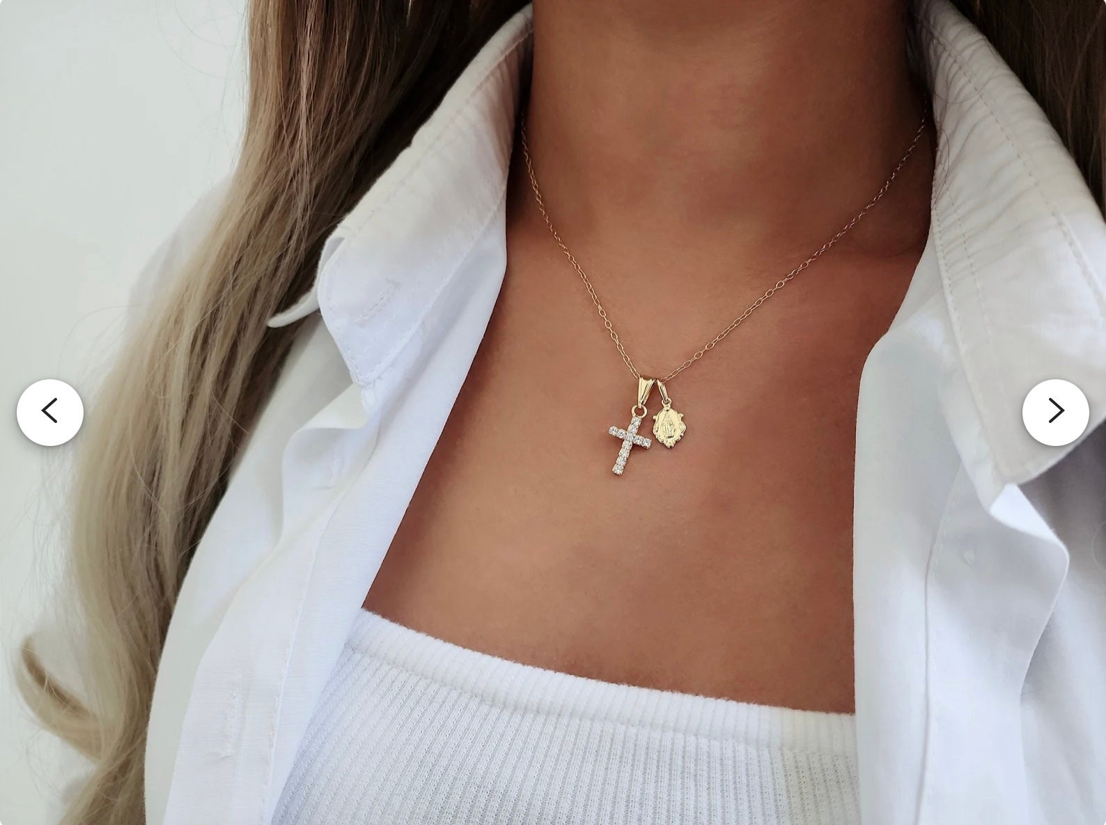18k Gold Filled Cross and Miraculous Medallion Necklace, Dainty