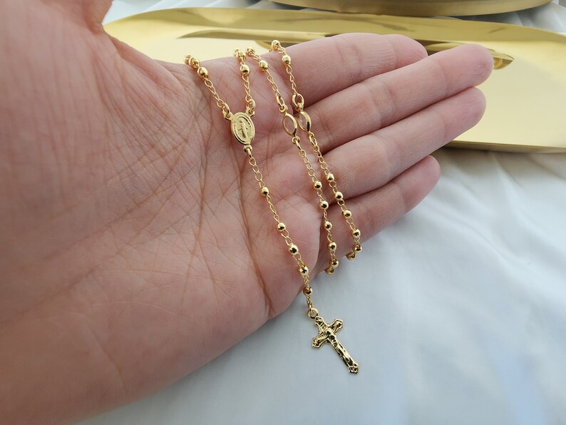 Cross Rosary Necklace / 18k Gold Rosary Bead Necklace / Rosary Bead Necklace / Cross Necklace / Virgin Mary Necklace / Virgin Mary Medallion image 4
