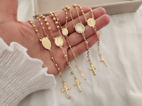 18k Gold Filled Rosary Necklace: Dainty Layering Cross, Religious Gift