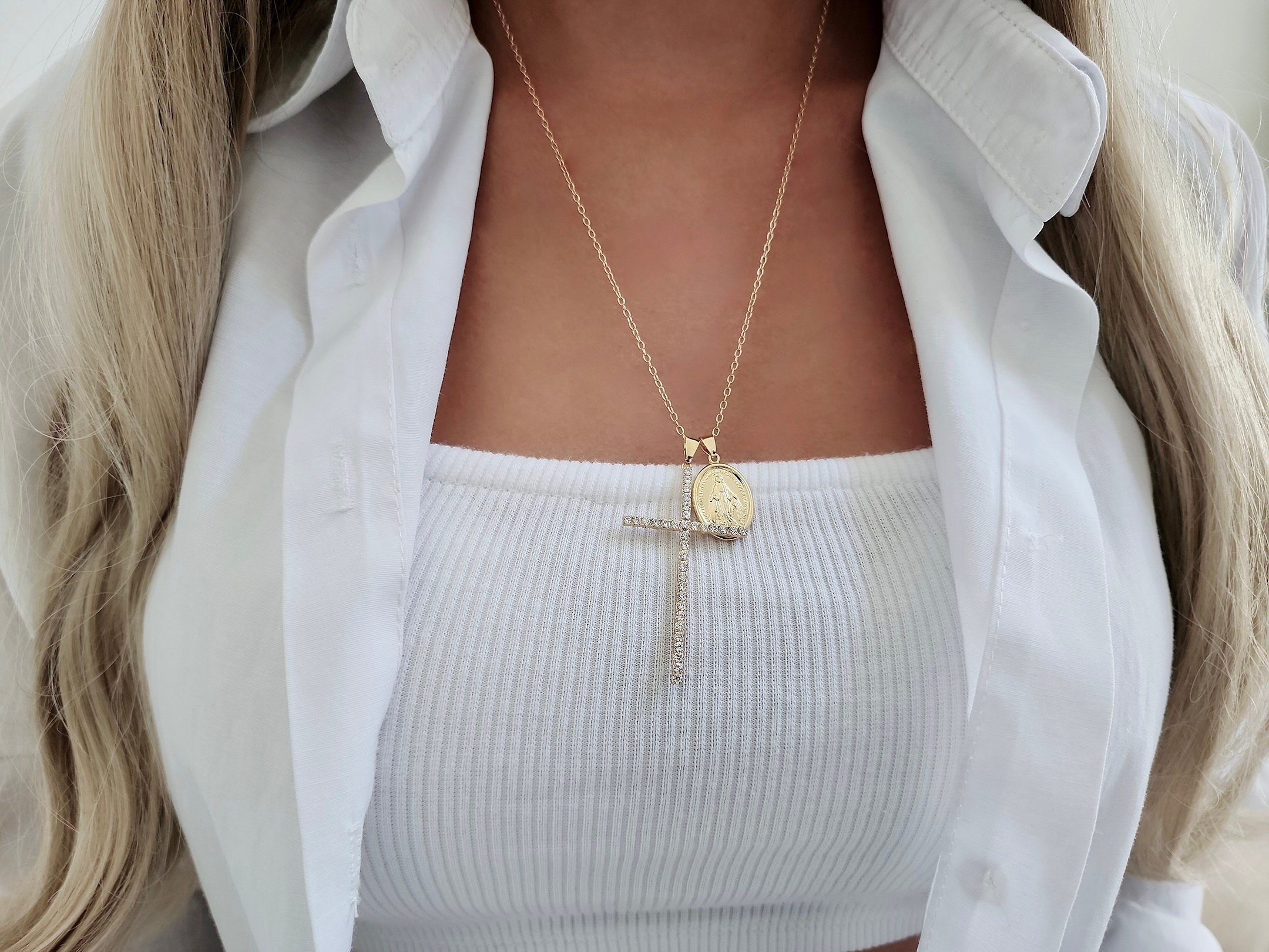 Collana lunga con croce in zirconia cubica per donna, ciondolo con medaglia miracolosa, gioielli a catena, gioielli religiosi - Italia