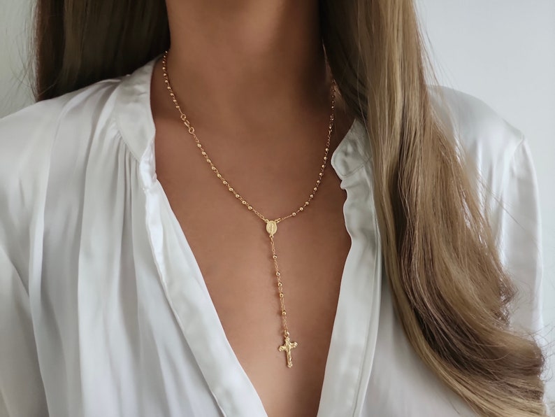 Cross Rosary Necklace / 18k Gold Rosary Bead Necklace / Rosary Bead Necklace / Cross Necklace / Virgin Mary Necklace / Virgin Mary Medallion image 6