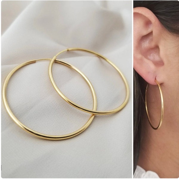 Gold Earrings 50mm Large Hoop Earrings, 18k Gold Filed Big Gold Hoops, Circle Hoop Earrings, Classic Earrings
