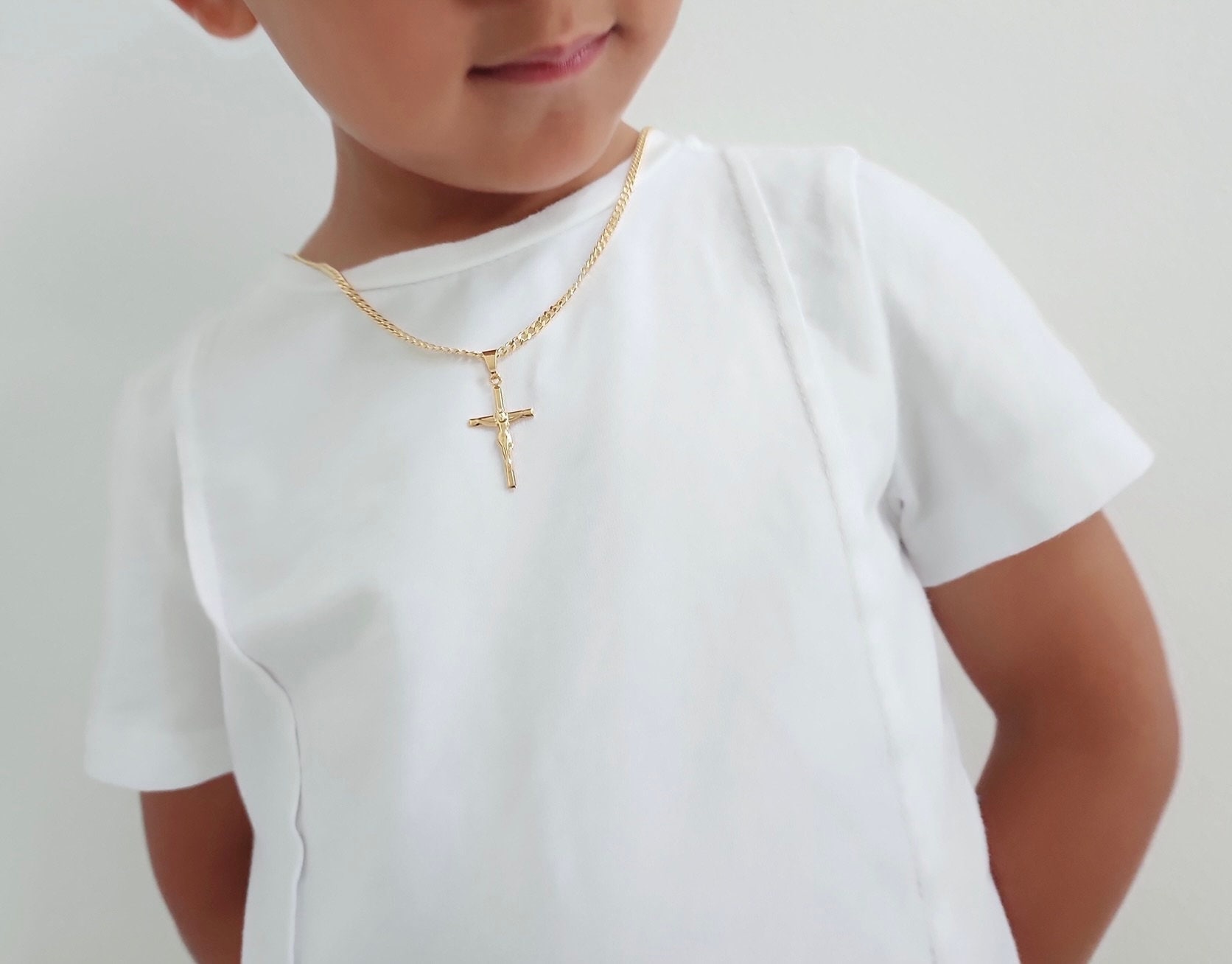 Children's Gold Cross Necklace, Gold Kids Dainty Cross Necklace, Baptism Gift for Him,  Toddler Baby Boy, Cross Unisex Cross