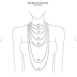 May include: A line drawing of a person wearing a necklace with different lengths marked in inches, from 16 inches to 33 inches.