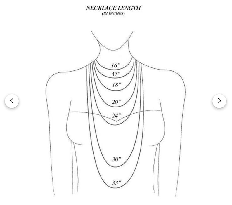 May include: A line drawing of a person wearing a necklace with different lengths marked in inches, from 16 inches to 33 inches.