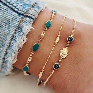 Gold Evil Eye Anklet Set, 18K Gold Filled Bracelet, Anklet Gold Dainty Anklet for Woman Gold Beaded Anklet Gold Dainty Anklet Bracelet Jewel