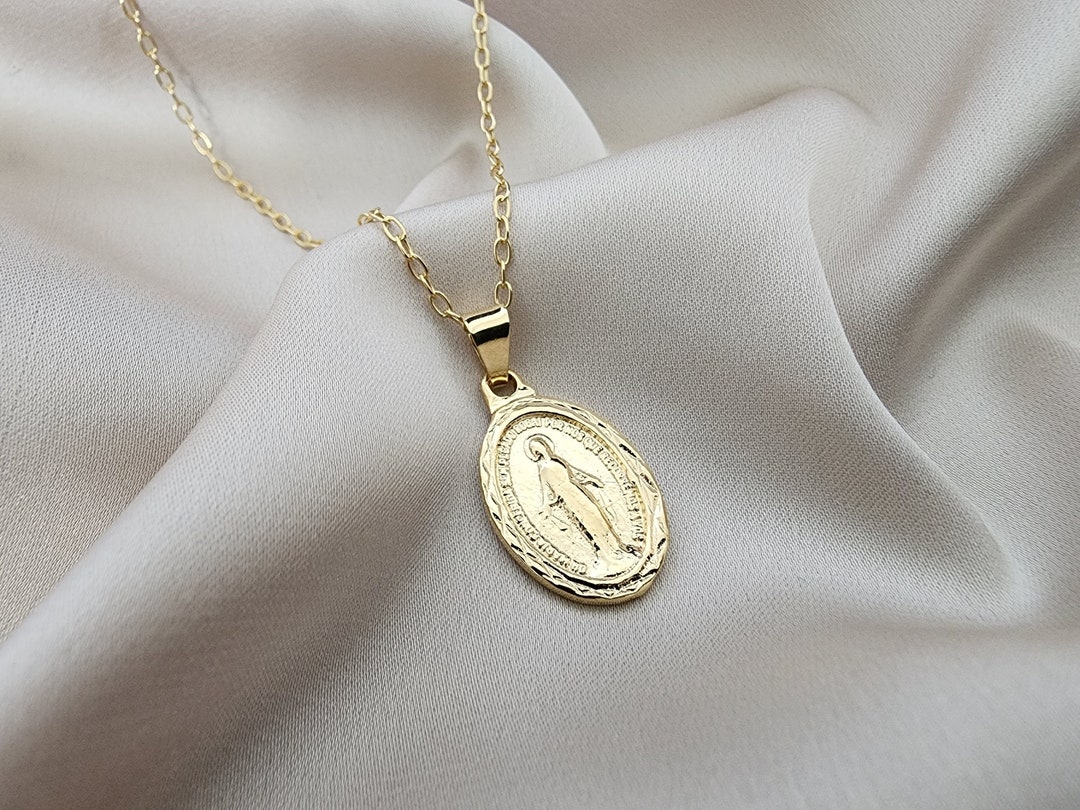 Virgin Mary Necklace Gold Religious Necklace Baptism Necklace Virgin