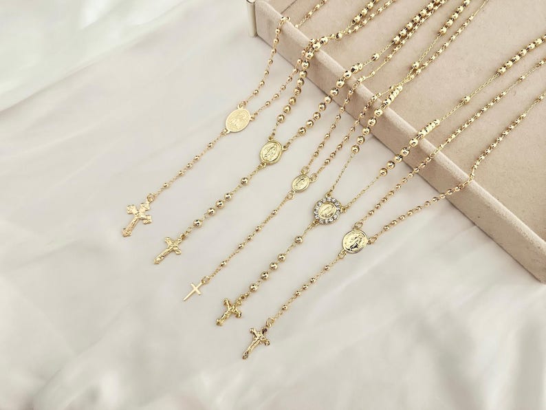18k Gold Filled Rosary Necklace: Dainty Layering Cross, Religious Gift image 3