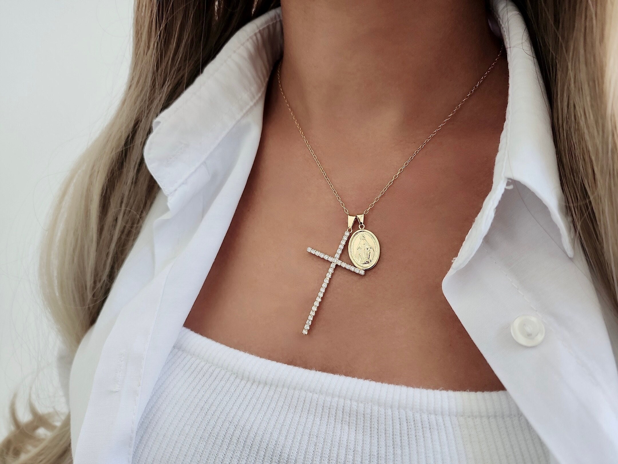 Collana con ciondolo a forma di croce per le donne Argento 925 Croce d'oro rosa delicata religiosa Croce di fede cristiana Gioielli Unisex, Oro rosa