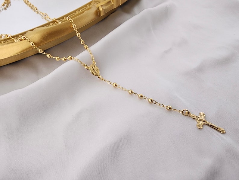 Cross Rosary Necklace / 18k Gold Rosary Bead Necklace / Rosary Bead Necklace / Cross Necklace / Virgin Mary Necklace / Virgin Mary Medallion image 3