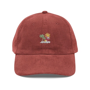 Vintage Corduroy Cap with Embroidered Sunshine and Palms, Summer Hat, Casual Streetwear, Gift for Nature Lovers, Beachwear Accessory