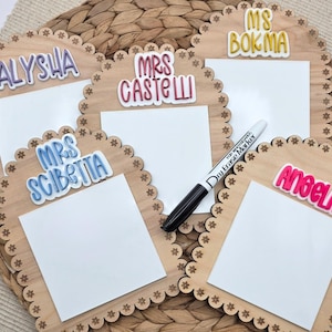 Custom Scalloped Dry Erase Memo Board - Personalized Teacher Gift  - Daisy Engraved Wood + Acrylic Board - Back to School Desk Accessory