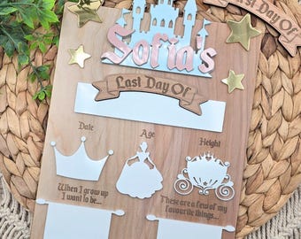 Personalized Princess Castle First Day of School Board: Engraved Birch Wood Photo Prop