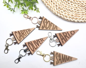 Personalized Engraved Birch Wood Pennant Bag Tag: Backpack Keychain