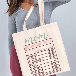 Mom Nutrition Facts Cotton Canvas Tote Bag - Funny Mother&#39;s Day Gift, Reusable Grocery Bag, Gift for Mom, Mom Life Bag, Mom Birthday Present