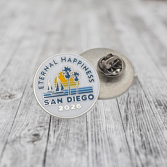 Eternal Happiness 2026 San Diego Enamel Round Pin Button | Sunset & Palm Tree Souvenir Badge, JW Gifts, JW Convention Pins, Size: 1"