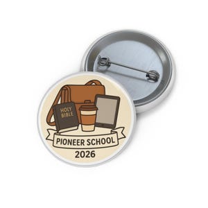 Botón de la Escuela de Pioneros 2026 • Bolsa del Ministerio y Pin de la Biblia • Regalo de pionero de los TJ • Lindo diseño de café y tableta.