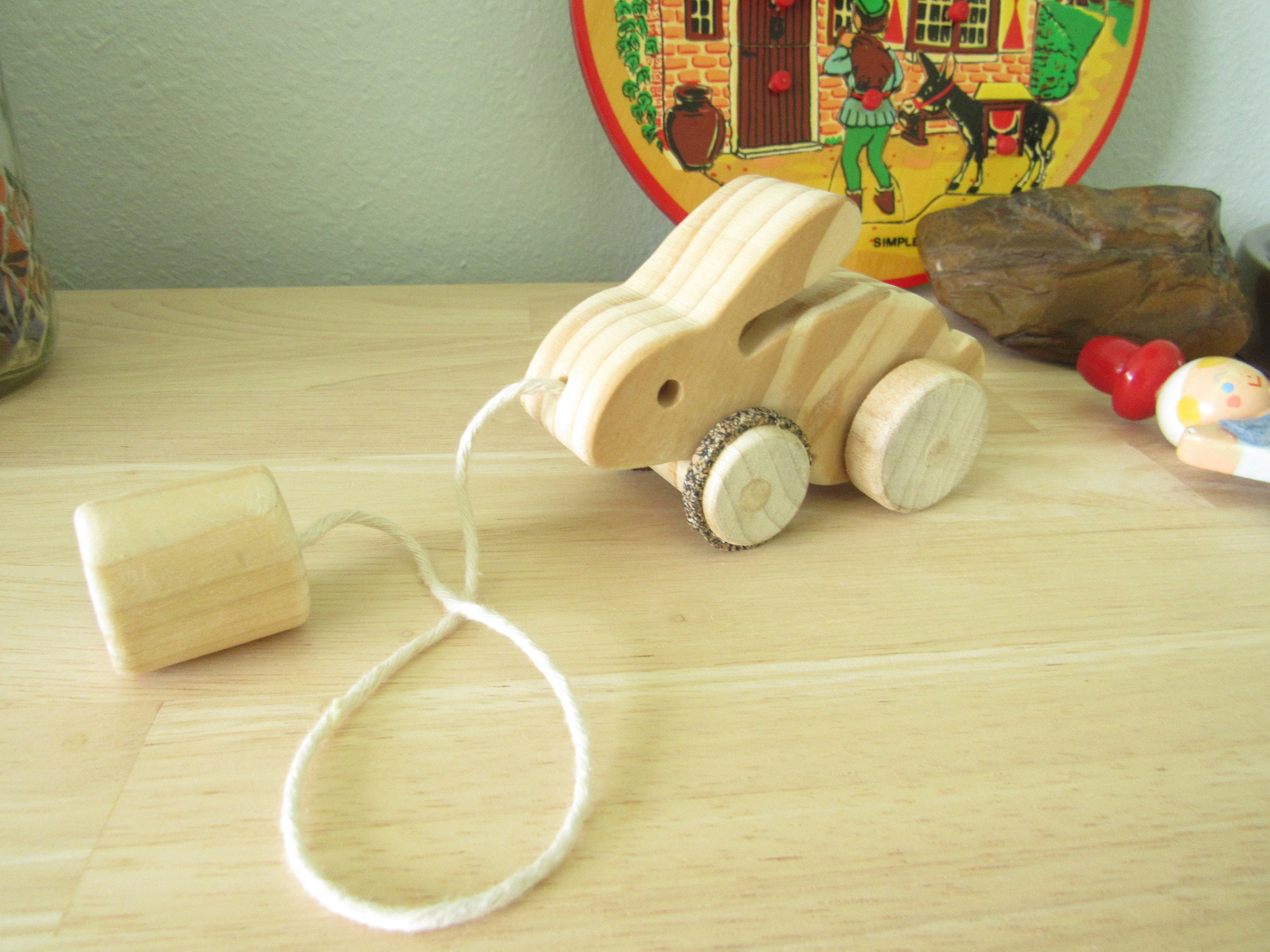 Solid Wooden Baby Bunny Pull Toy/ Old Fashion Wooden Toys/ Pull String ...