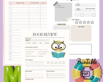 May include: Printable book review log with a cute owl illustration. The log includes sections for daily reading, book title, author, start and end time, characters, setting, star rating, my feelings about the book, story summary, best moments, worst moments, and favorite quotes.