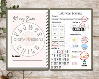 May include: A printable calendar journal page with a floral design. The page includes sections for the day, month, year, weather, and season. The page also includes a calendar grid with numbers 1 through 31.