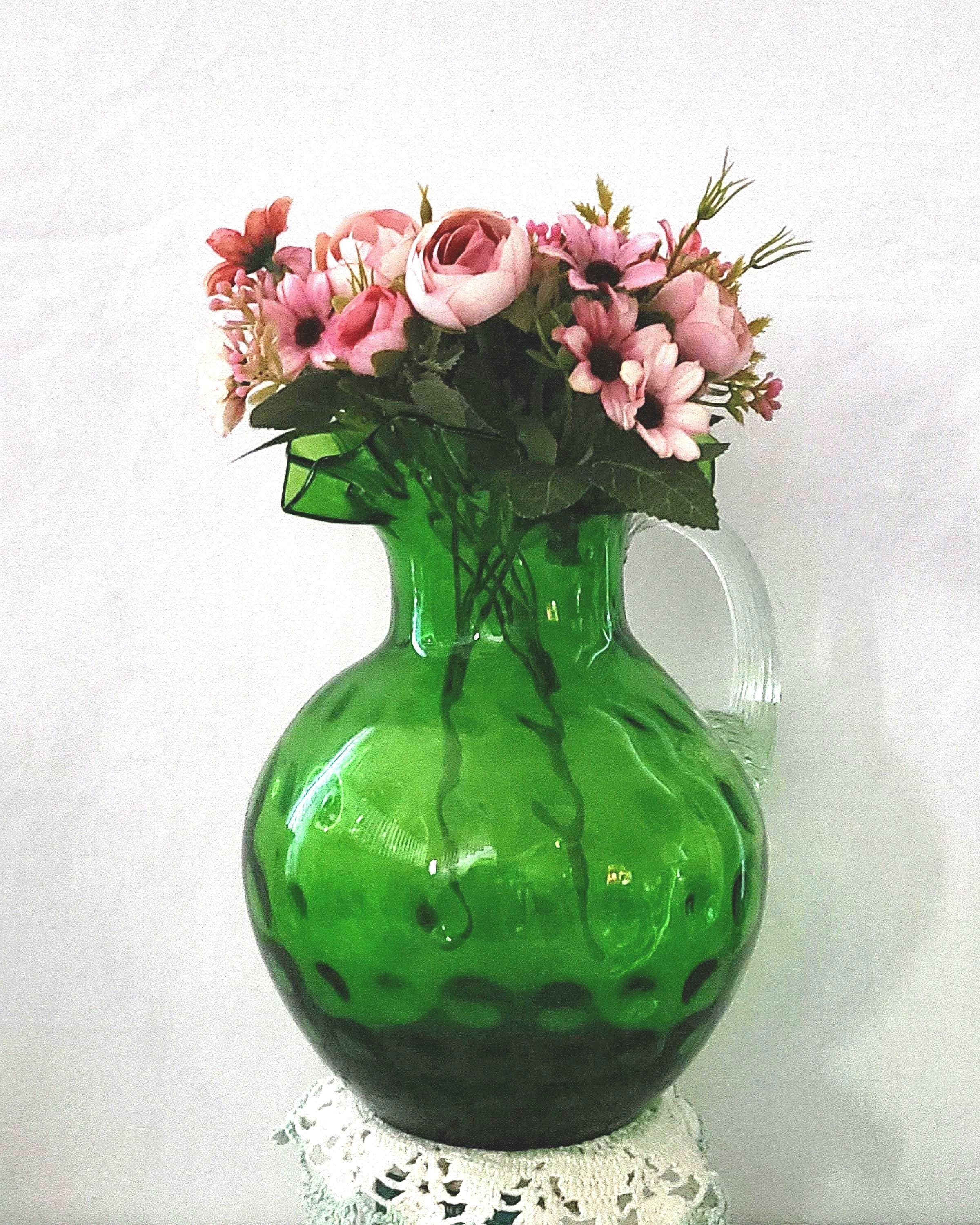 Antique Fenton Emerald Green Glass Pitcher Featuring A Ruffled