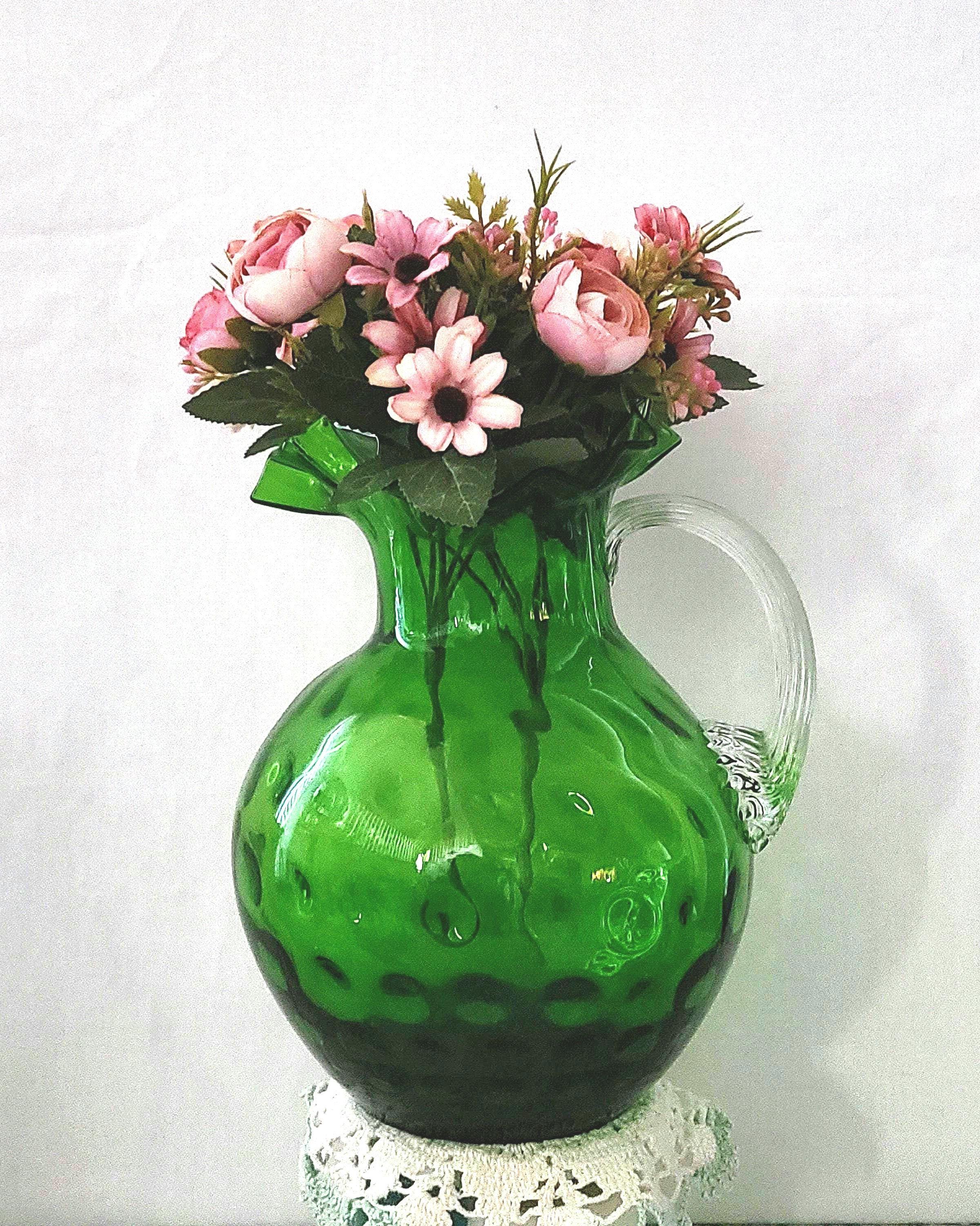 Antique Fenton Emerald Green Glass Pitcher Featuring A Ruffled
