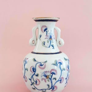 Vintage Floral Chinese Porcelain Vase,  From the 1970s-80s, Hand-Painted in Macau by Nora Fenton Design.