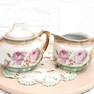 Vintage 1920s Lidded Sugar Bowl and Creamer Set from Bavaria Germany by Porzellanfabrik Schonwald