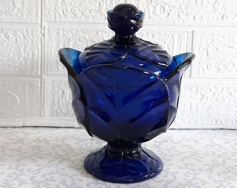 Vintage***RARE***Viking Glass "Epic Leaf" 8 inch Footed Covered Candy Dish in Cobalt Blue with Smooth Finish.