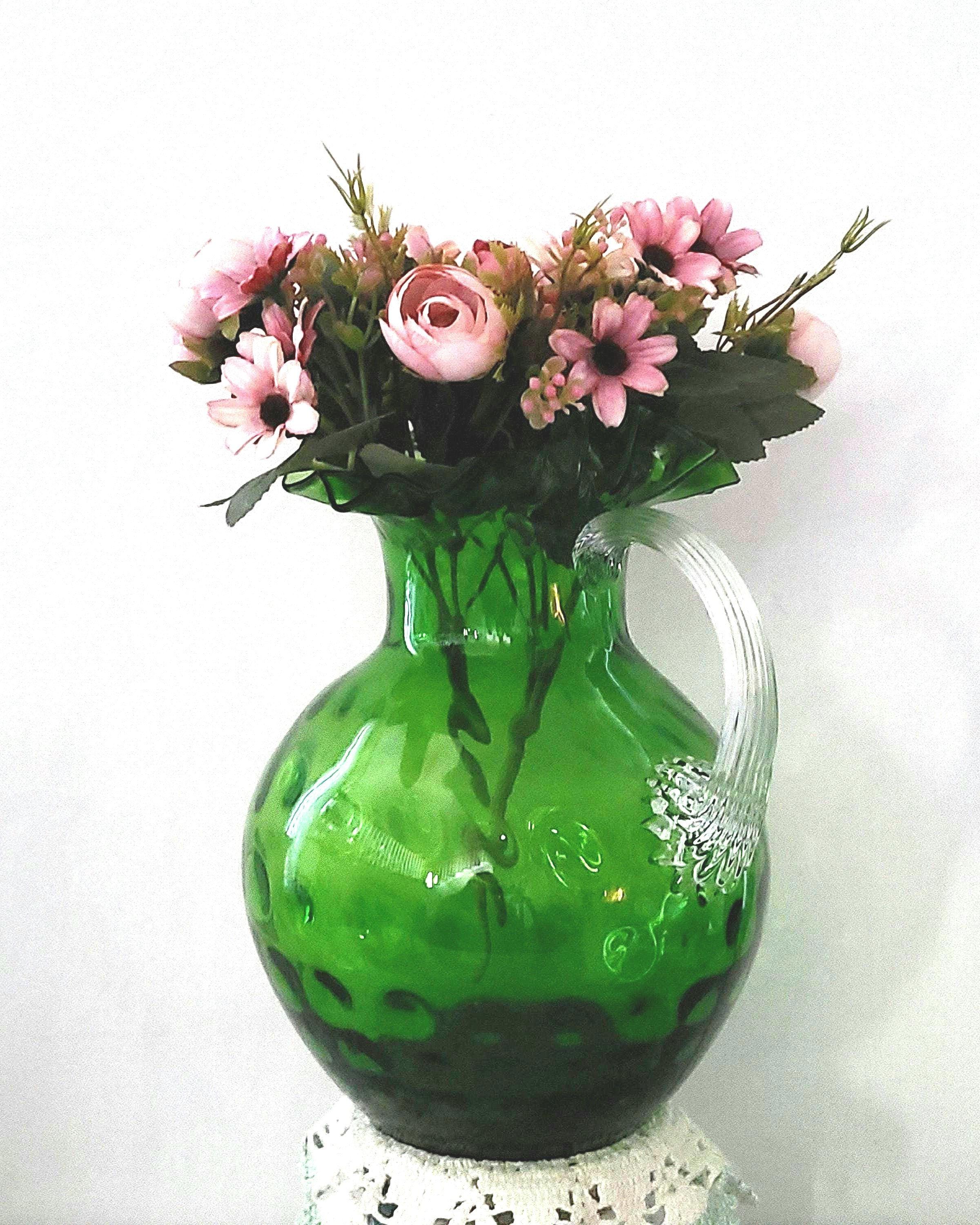 Antique Fenton Emerald Green Glass Pitcher Featuring A Ruffled