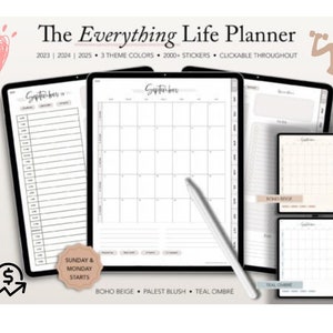Puede incluir: Un planificador digital para 2023, 2024 y 2025 con tres temas de color: Boho Beige, Palest Blush y Teal Ombre. El planificador incluye más de 2000 pegatinas y es clickable en todo. La imagen muestra una página de calendario mensual, una página de planificador diario y una página de seguimiento de hábitos.