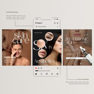 May include: A mockup of a smartphone displaying three Instagram posts promoting skincare and aesthetics. The posts feature images of women, text, and calls to action like "Book Now" and "Follow Us."