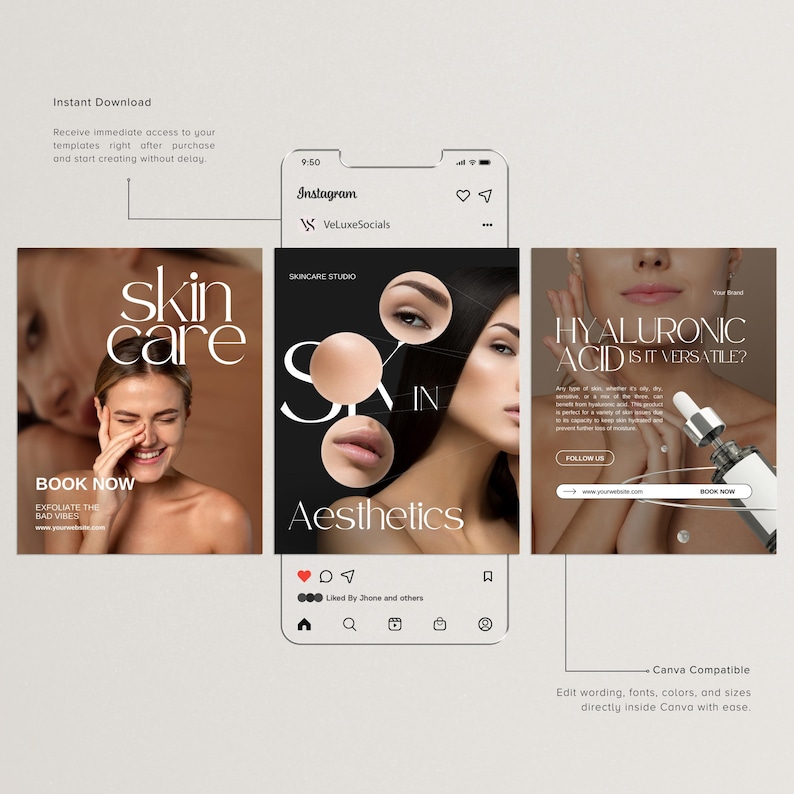 May include: A mockup of a smartphone displaying three Instagram posts promoting skincare and aesthetics. The posts feature images of women, text, and calls to action like "Book Now" and "Follow Us."