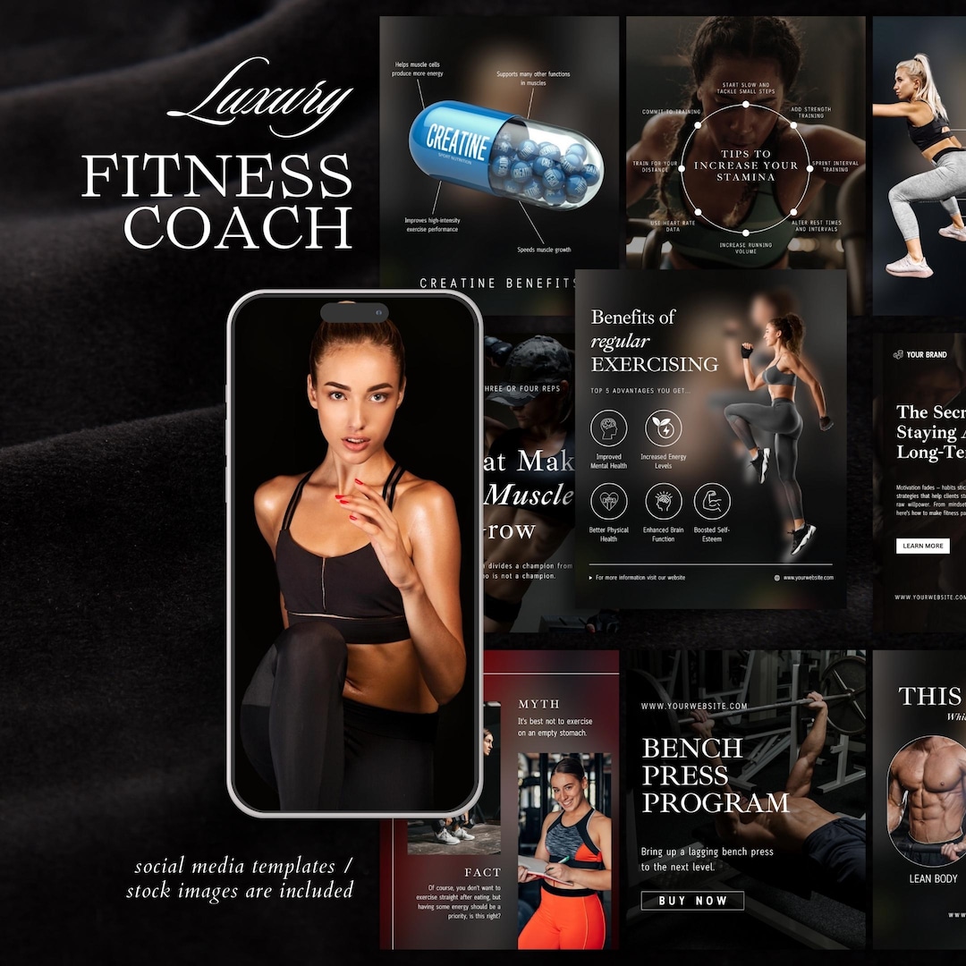 Fitness Social Media Template | Fitness Coach Instagram Posts | Black ...