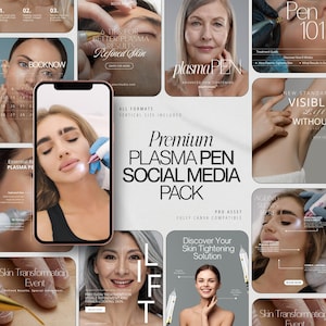 Puede incluir: Un gráfico promocional para un paquete de redes sociales de pluma de plasma. La imagen presenta un teléfono inteligente que muestra a una mujer sometida a un tratamiento con pluma de plasma, rodeada de otros gráficos promocionales. El texto incluye "Premium Plasma Pen Social Media Pack."