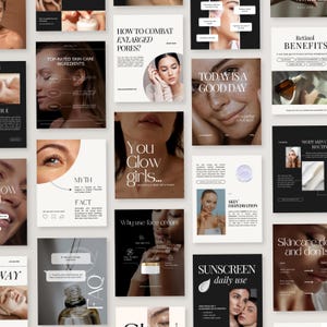 May include: A collection of skincare-related graphics with text. The graphics include information on ingredients, enlarged pores, myths, facts, face cream, and daily sunscreen use. The images feature women and product shots.