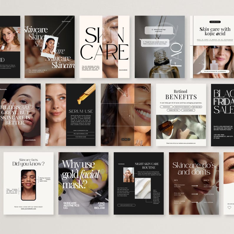 May include: A collection of skincare product advertisements. The ads feature images of women, product bottles, and text such as "Serum Use", "Retinol Benefits", and "Skincare do's and don'ts". The color scheme is primarily black, white, and beige.
