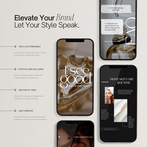 May include: A digital marketing image with a minimalist design. The image features several smartphones displaying skincare product mockups and branding elements. Text includes "Elevate Your Brand" and "I see good skin in your future."