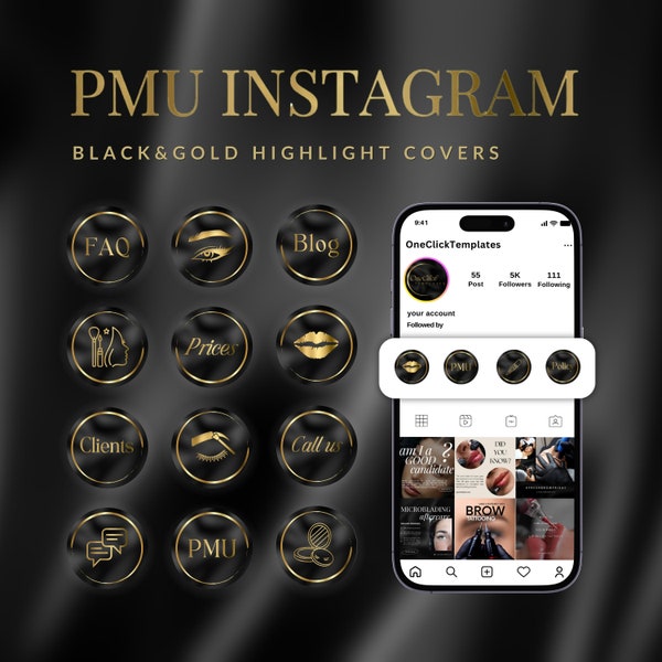 Permanent Make-up Highlight Abdeckungen | PMU Gold Highlight Icons | Permanent Make-up-Vorlage | Microblading, Lip Blush Instagram Branding